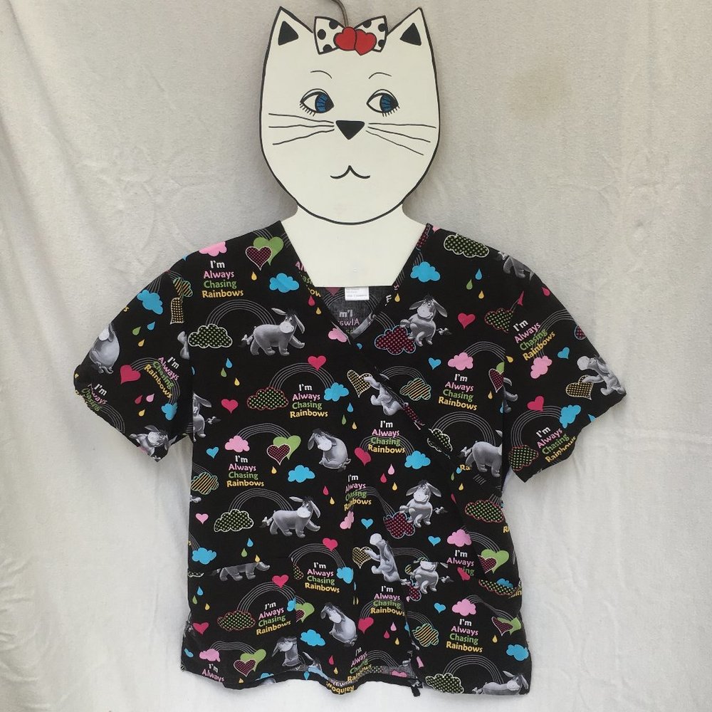 Disney Scrub Top.Eeyore Chasing Rainbows Large